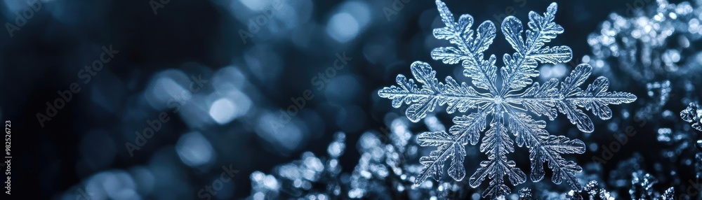 Poster A close-up of a delicate snowflake, showcasing intricate details against a shimmering blue background, embodying the beauty of winter.