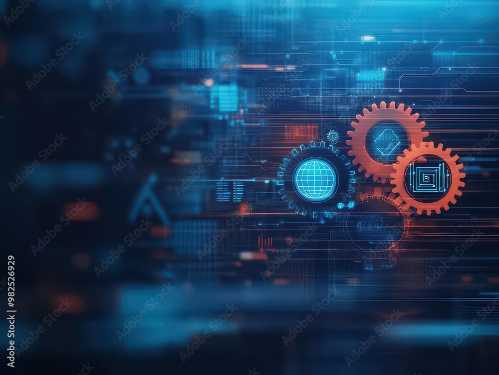 Poster An abstract representation of business automation with gears, circuits, and data visualizations flowing seamlessly together