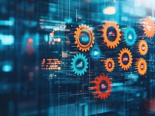 An abstract representation of business automation with gears, circuits, and data visualizations flowing seamlessly together