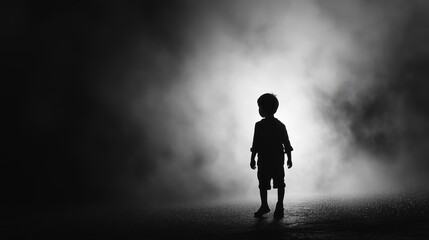A young child standing alone in a fog-filled environment during twilight, creating a mysterious and contemplative atmosphere