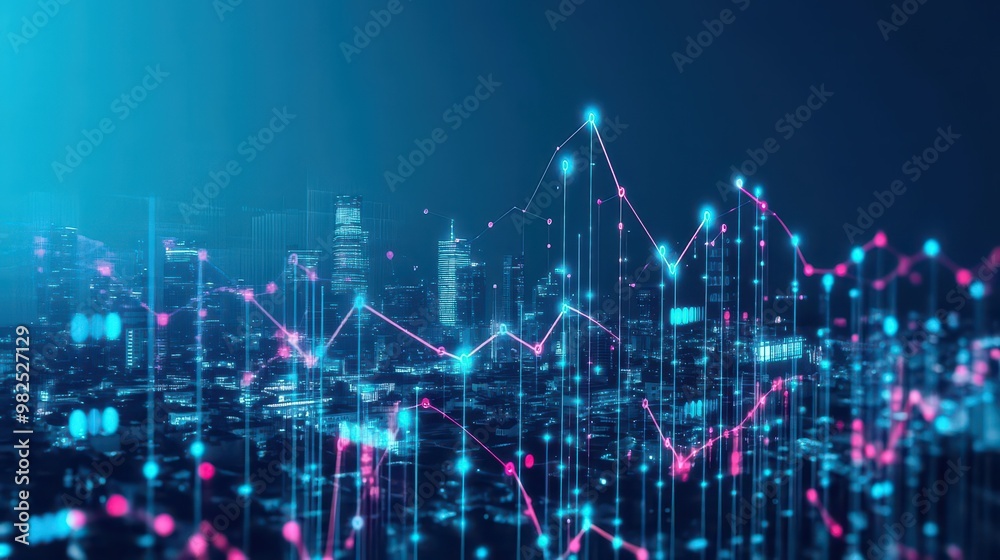 Poster AIpowered business intelligence systems controlling a financial market with algorithms visualized as glowing data lines over a city skyline