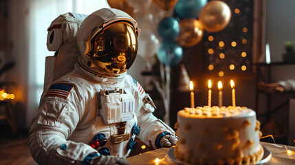 An astronaut against white background, metallic gold space suit and helmet, around astronaut there is birthday cake and balloons