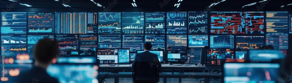 Aufkleber a vibrant office of a multinational organization, with teams of analysts forecasting the future of c