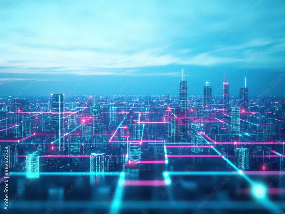 Poster A sprawling, futuristic city where business intelligence and machine learning networks are visualized as neon grids crisscrossing skyscrapers, constantly analyzing global trends