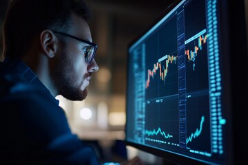 A focused analyst reviewing market trends and data analysis on a computer screen in a dimly lit office at night