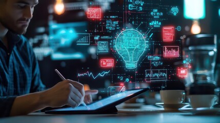 A personal consulting session at a cafe, where the consultant presents ideas on a tablet, the background alive with digital marketing trends