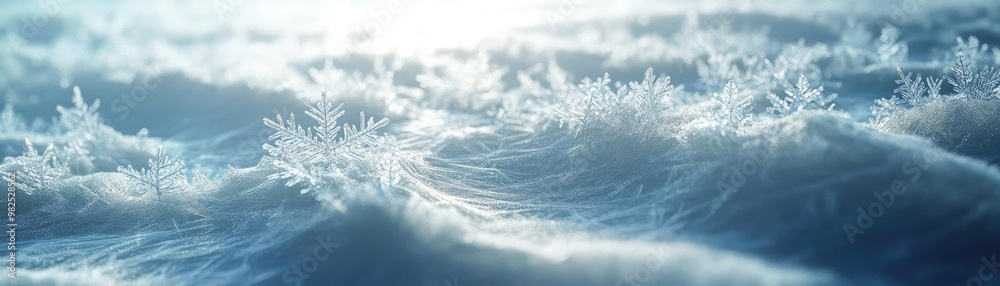 Poster Beautiful close-up of delicate frost patterns on a cold surface, glimmering in soft light, evoking winter tranquility.
