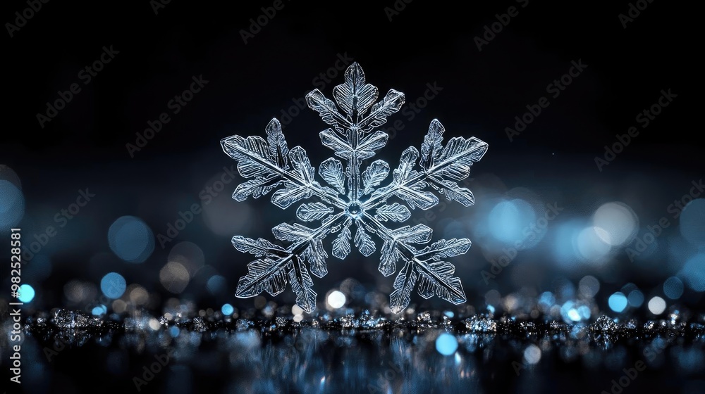 Poster a stunning close-up of a snowflake against a shimmering black background, capturing the intricate de