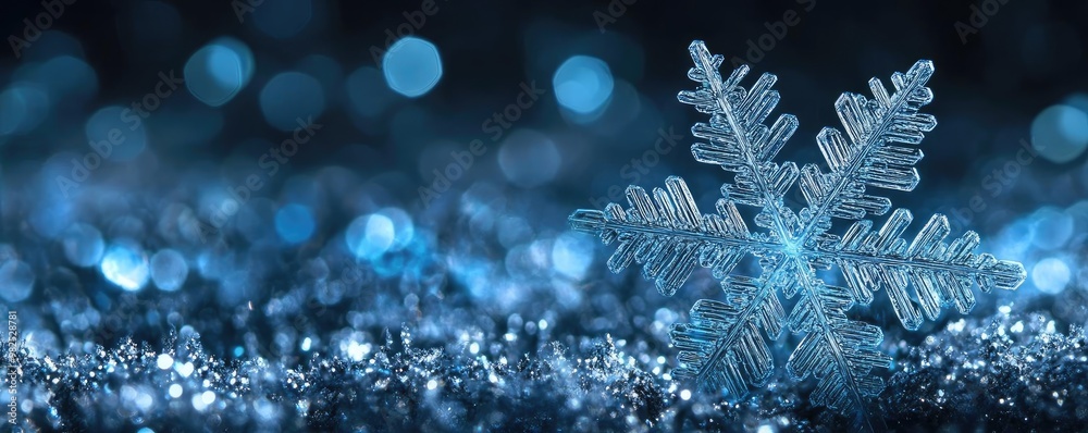 Poster A close-up of a delicate snowflake surrounded by sparkling blue bokeh, capturing the essence of winter's beauty and tranquility.