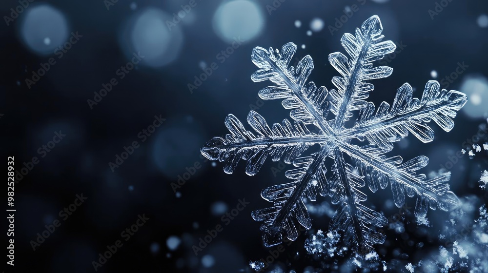 Poster Detailed close-up of a snowflake against a dark background, showcasing intricate patterns and a frosty aesthetic.