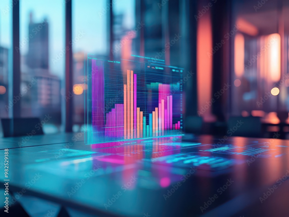 Poster A futuristic corporate meeting room where data is analyzed using holographic 3D bar charts, graphs, and automation tools in realtime