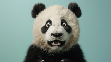 Fototapeta premium A surprised panda with wide, expressive eyes stands out against a minimalist backdrop, exuding a mix of cuteness and humor.