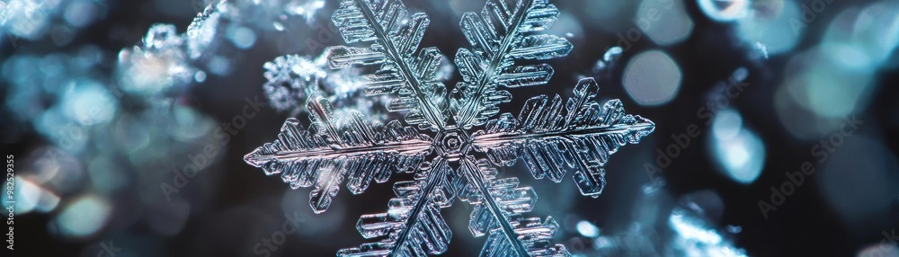 Poster Close-up of a delicate snowflake, showcasing intricate patterns and sparkling details against a blurred winter background.