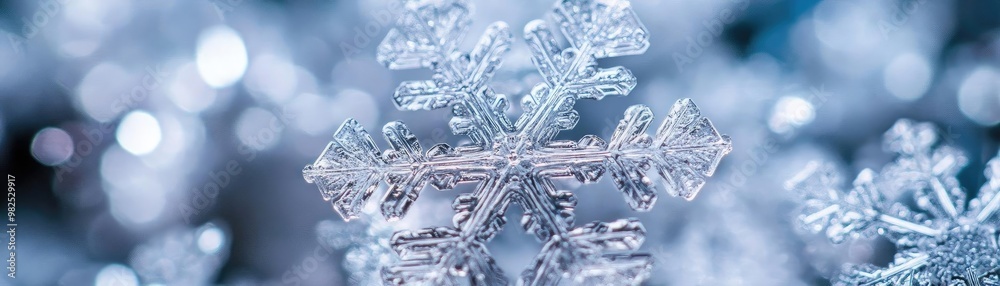 Poster Close-up of a delicate snowflake on a snowy background, showcasing intricate details and a beautiful winter atmosphere.