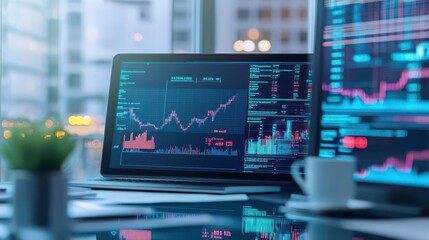 A data scientist s workspace with holographic projections of micro data and fluctuating rates