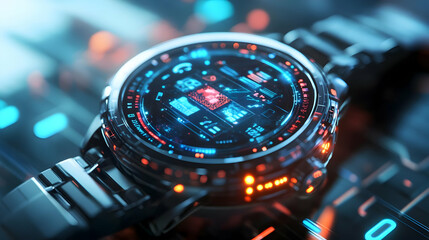 3D Smartwatch with Holographic Finance Icons: Stylish Finance Tracker with Glowing Elements on White Background