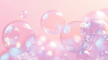 Shiny soap bubbles floating upward on a soft pastel coral backdrop.