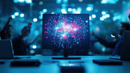 Fototapeta premium A boardroom scene where team members are celebrating a major project win with digital fireworks, symbolizing the success achieved through their collaboration