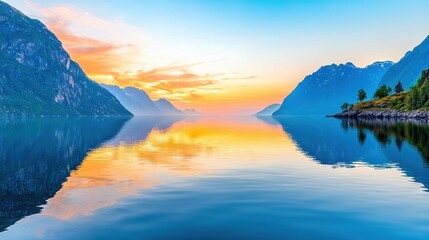 Obraz premium Serene Sunset Reflection in a Fjord