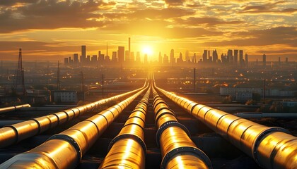 Urban expansion story with a prominent pipeline guiding the view towards a city bathed in golden sunset hues