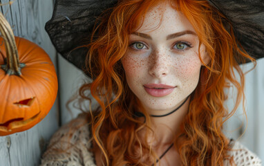 A woman with red hair and green eyes is wearing a black hat and standing in front of a pumpkin. Halloween.