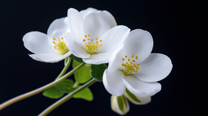 Delicate white flowers with yellow centers, captured against a dark background, showcasing elegance and natural beauty.