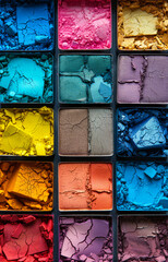 A close up of a palette of makeup with a variety of colors. The palette is made up of many small squares, each with a different color. The colors are bright and vibrant, creating a sense of energy