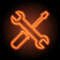 Repair simple icon vector.  Flat design. Orange neon on black background