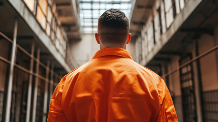 Fototapeta premium prisoner in an orange prison uniform against the backdrop of a prison