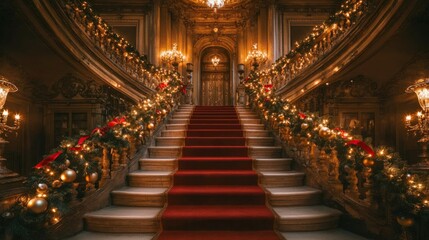 Obraz premium Opulent Grand Christmas Staircase with Elegant Holiday Decorations
