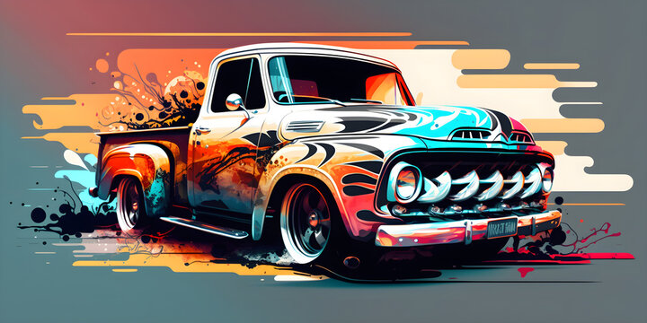 Fototapeta Farbenfroher Retro-Pickup-Truck im Graffiti-Stil auf grauem Hintergrund - Ai-Ki generiert