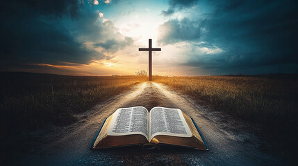 open bible on the road way to heavens salvation walking towards a cross christianity gospel worship devotion concept