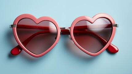 A pair of red sunglasses with a heart shape on the lens