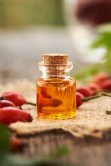 .Rose hip seed oil in a glass bottle