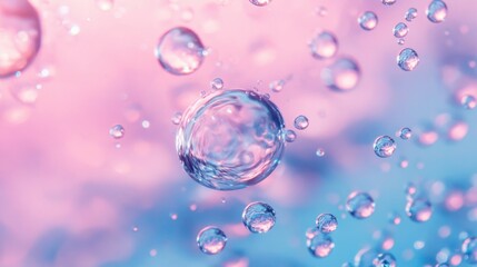 Water bubbles floating against a soft pastel gradient of pink and blue.