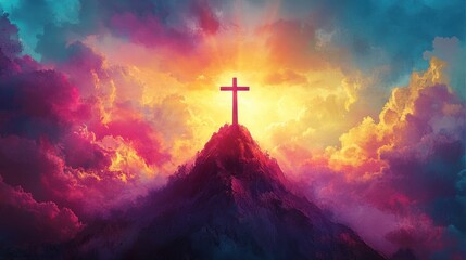 Fototapeta premium Majestic Cross Above Colorful Mountain at Sunrise