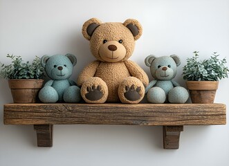 a teddy bear and two small plants on a shelf. 