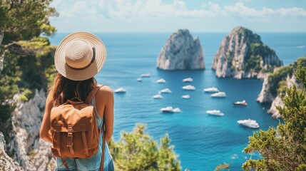 Fototapeta premium woman in a hat with a backpack admiring the landscape