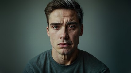 Obraz premium Young man contemplating aging, fear of growing old, concerns about aging process, emotional portrait reflecting youth and aging, website header with copy space for mental health themes. Generative AI