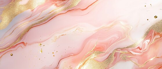 Soft pink and gold marble blend with shimmering highlights offers an elegant and modern aesthetic for a unique background