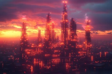 surreal double exposure petrochemical refinery merging with circuit board cityscape vibrant neon accents on industrial silhouettes futuristic energy concept with ethereal dreamlike quality