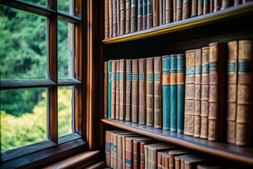 A cozy library corner reveals vintage books neatly arranged on the shelves. Sunlight gently filters through the window. Perfect for readers and writers. Generative AI