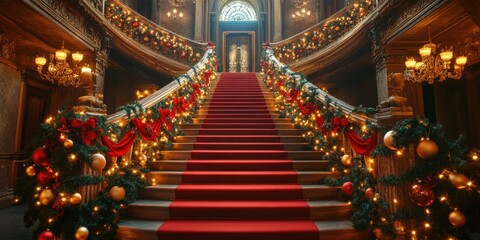 Fototapeta premium Opulent Grand Christmas Staircase with Elegant Holiday Decorations