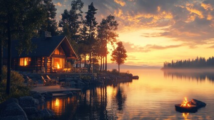 Fototapeta premium Cozy Cabin by the Lake at Sunset