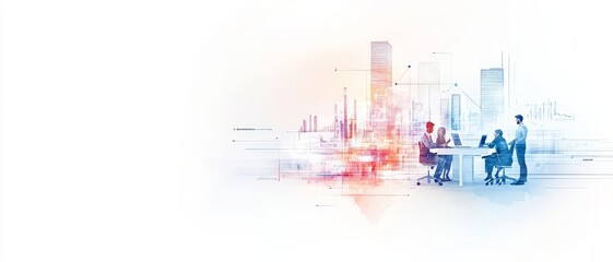Fototapeta premium A modern office setting with professionals engaged in online networking The background features a dynamic ethical supply chain visual and an innovation hub, leaving space for text