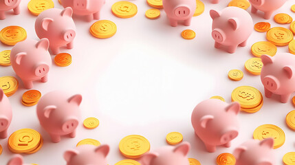 Fototapeta premium 3D Minimalist Border Frame with Piggy Banks and Gold Coins for Financial Planning - Ideal for Investment Content with Ample Copy Space