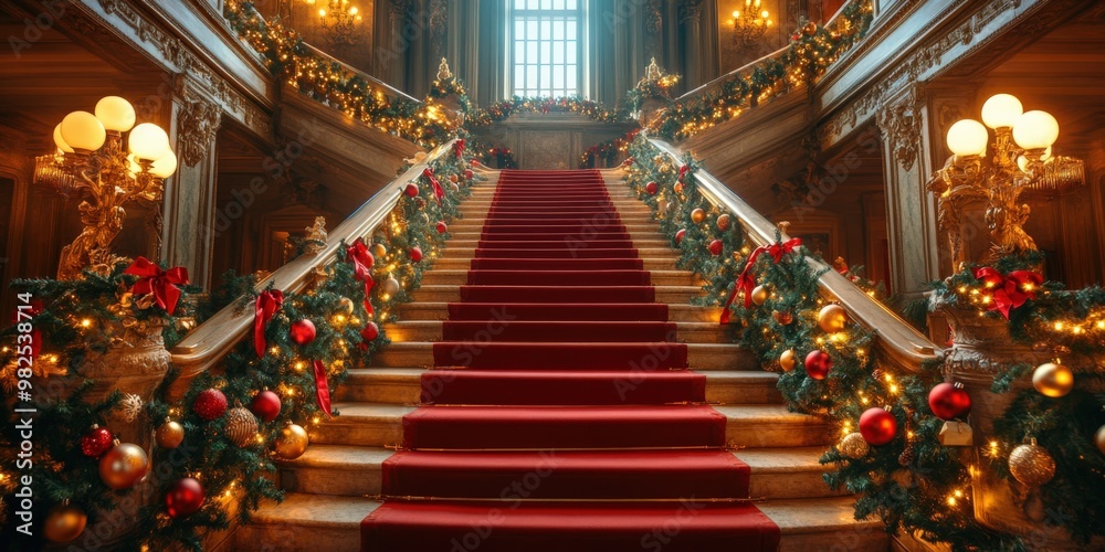 Wall mural Opulent Grand Christmas Staircase with Elegant Holiday Decorations