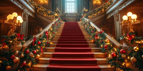 Fototapeta premium Opulent Grand Christmas Staircase with Elegant Holiday Decorations