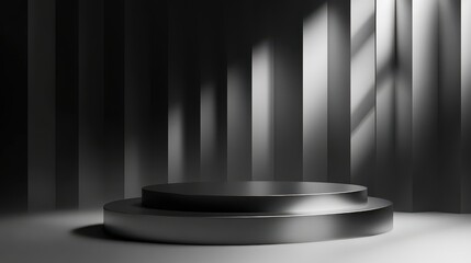 Fototapeta premium Metallic Podium on Stage Surrounded by Geometric Shapes for Events or Presentations