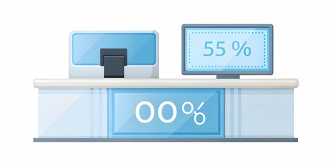 Flat Glossy Checkout Counter with Coupon Display: Simple Vector Illustration Highlighting Coupons' Role in Retail Sales & Discounts